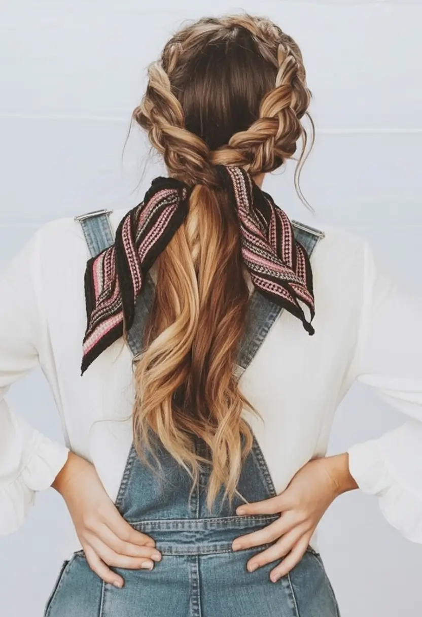 Fall 2025 Hairstyles for Women Ribbon-Wrapped Rustic Braids