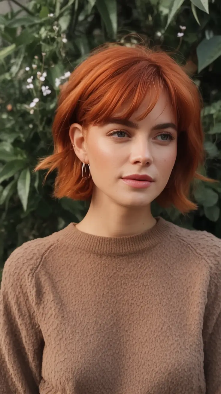 Fall 2025 Hairstyles for Women Soft Ginger Bob with Curtain Bangs