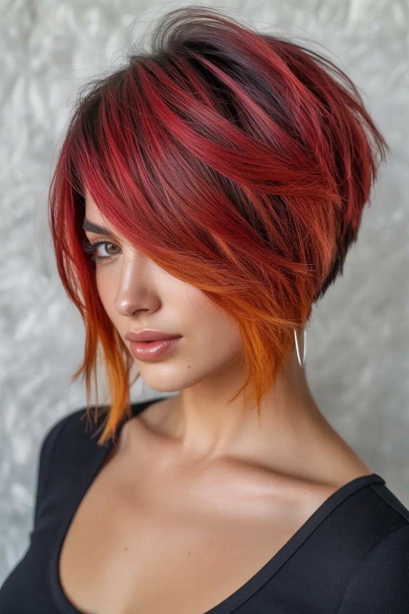 Fall 2025 Short Haircuts Inspo You’ll Love Bold Fire Ombre Bob With Asymmetrical Shape