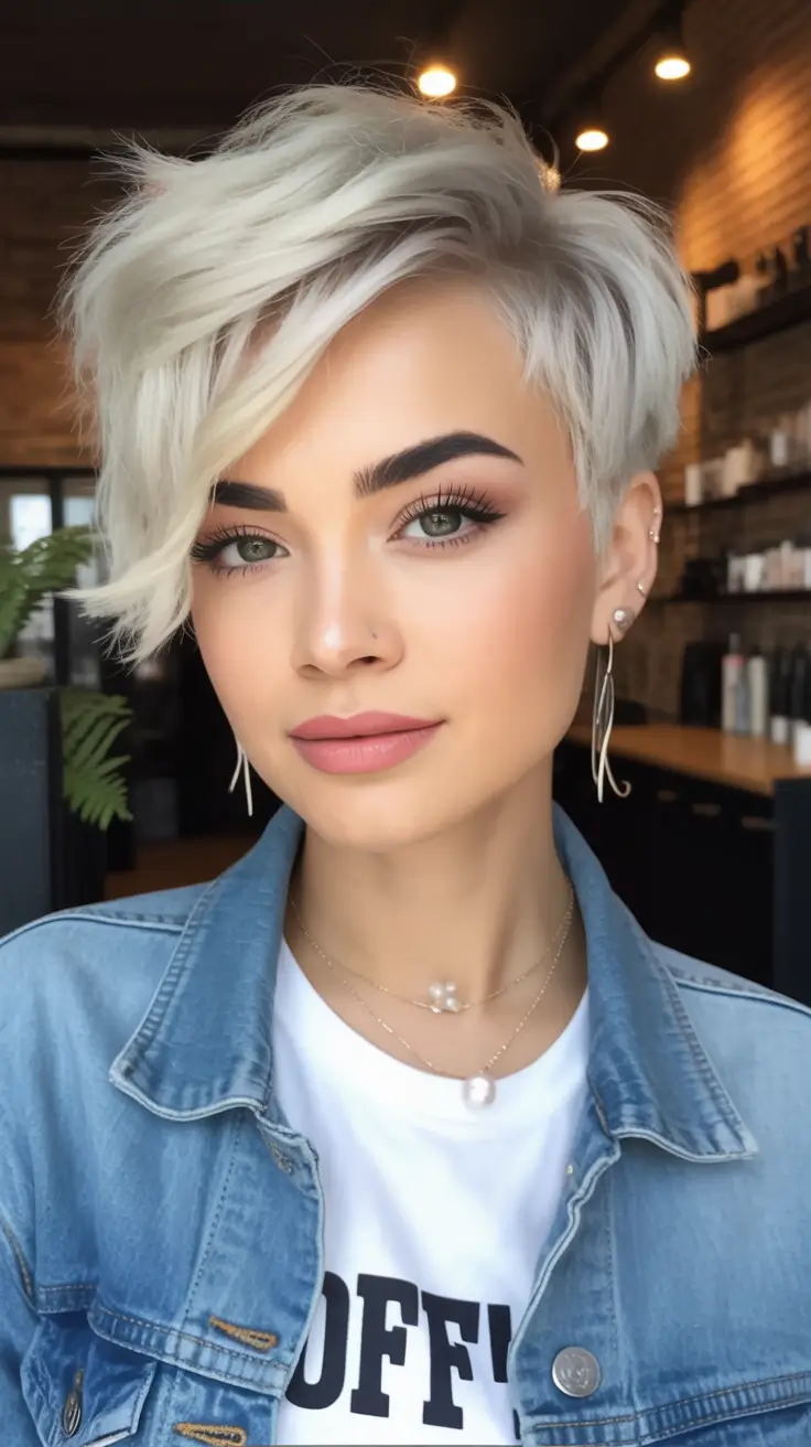 Fall 2025 Short Haircuts Inspo You’ll Love Wispy Platinum Pixie With Side-Swept Drama