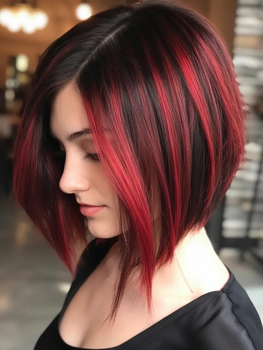 Fall 2025 Short Haircuts Inspo You’ll Love Angled Red and Black Blunt Bob