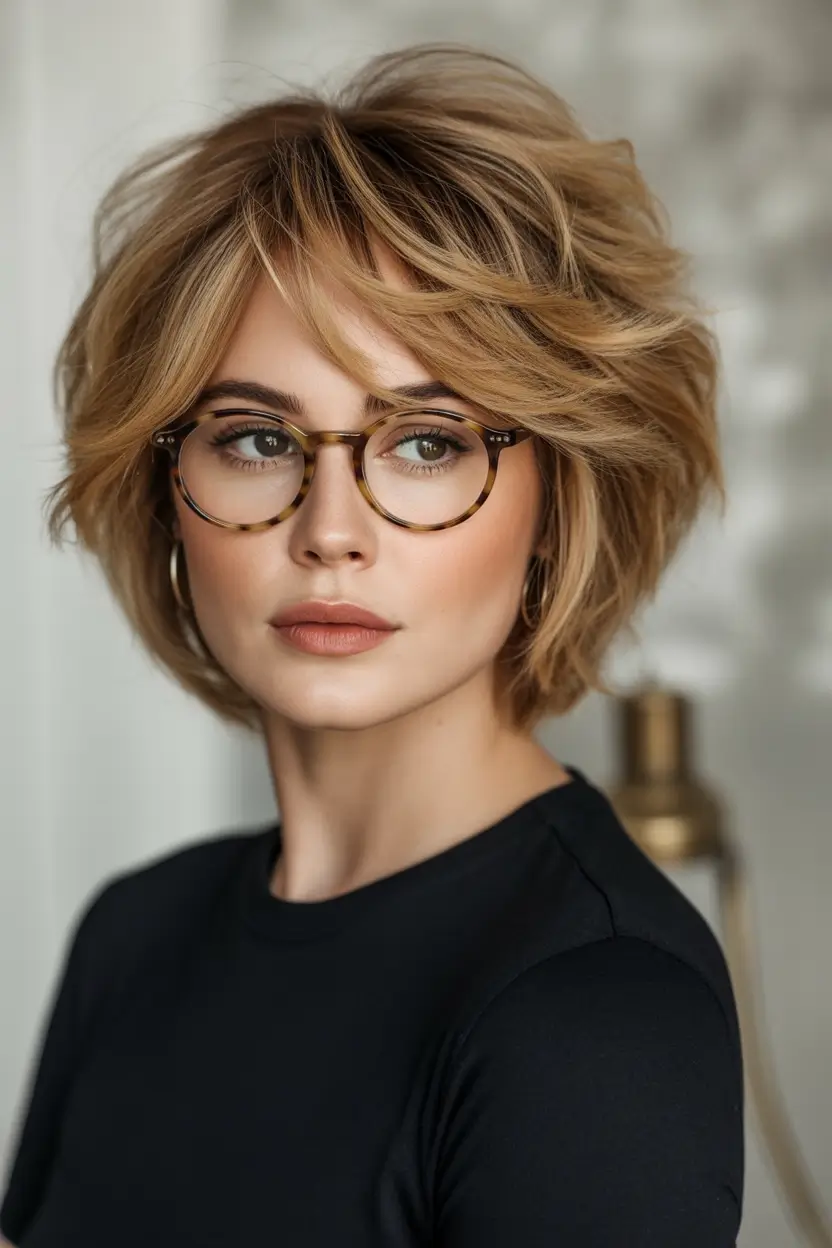 Fall 2025 Short Haircuts Inspo You’ll Love Windswept Caramel Bob With Glasses