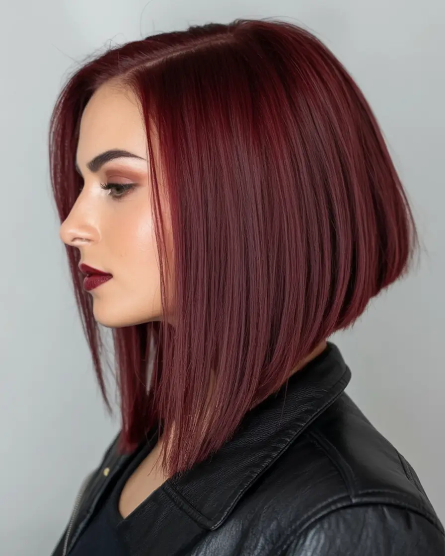 Fall 2025 Short Haircuts Inspo You’ll Love Silky Maroon Angled Bob