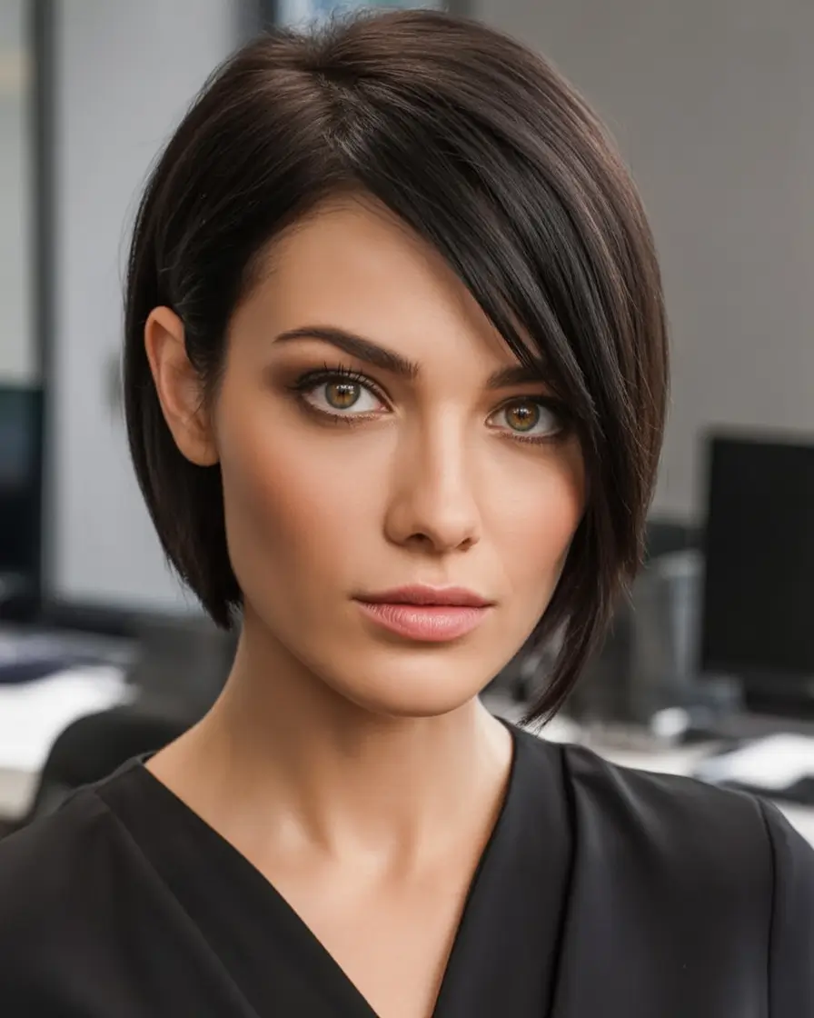 Fall 2025 Short Haircuts Inspo You’ll Love Smooth Espresso Side-Parted Bob