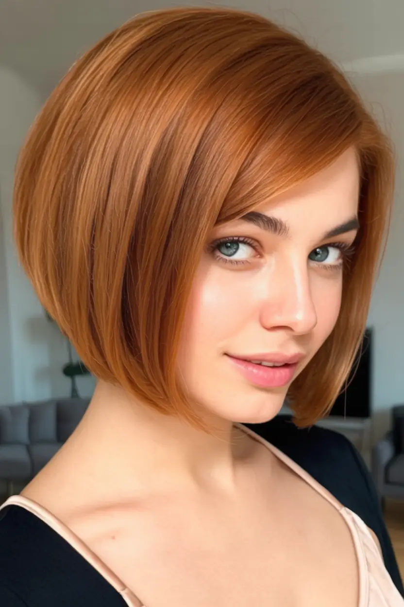 Fall 2025 Short Haircuts Inspo You’ll Love Glossy Copper Graduated Bob