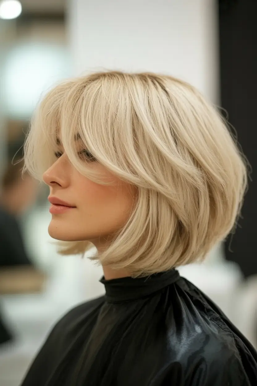 Fall bob haircut ideas 2025 Feathered Blonde Bob with Curtain Bangs