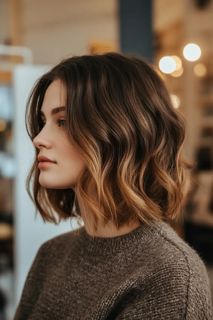 Fall bob haircut ideas 2025 Wavy Textured Brunette Bob with Caramel Ends