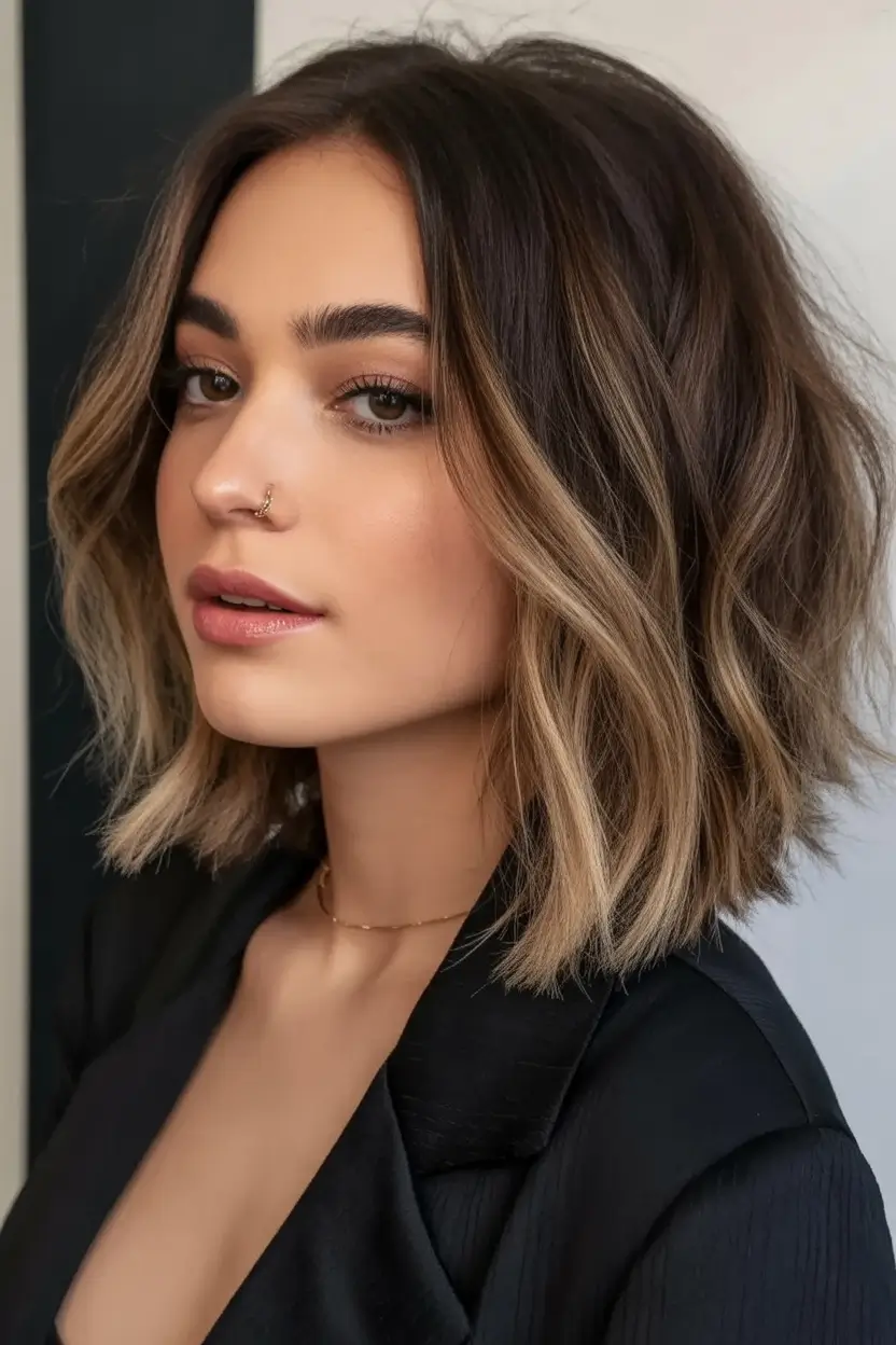 Fall bob haircut ideas 2025 Rooted Blonde Shaggy Lob with Volume