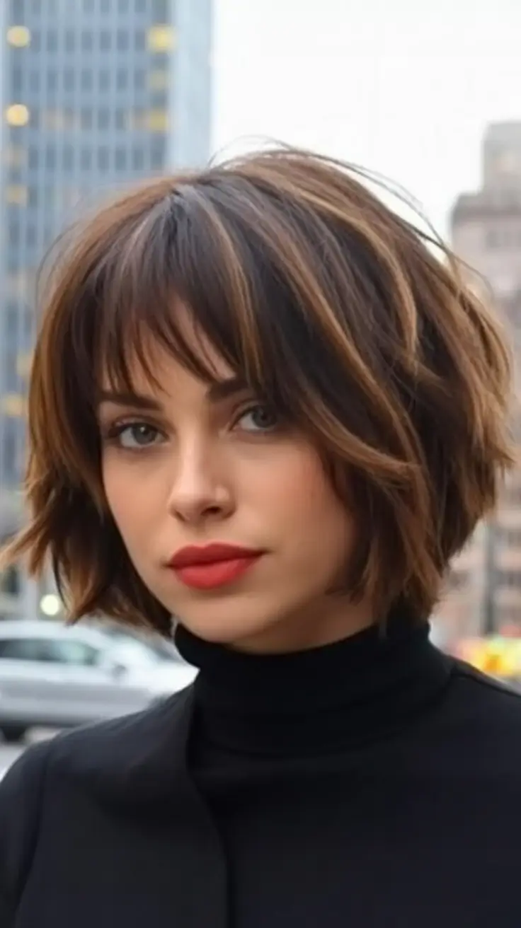 Fall bob haircut ideas 2025 Messy Brunette Bob With Textured Bangs
