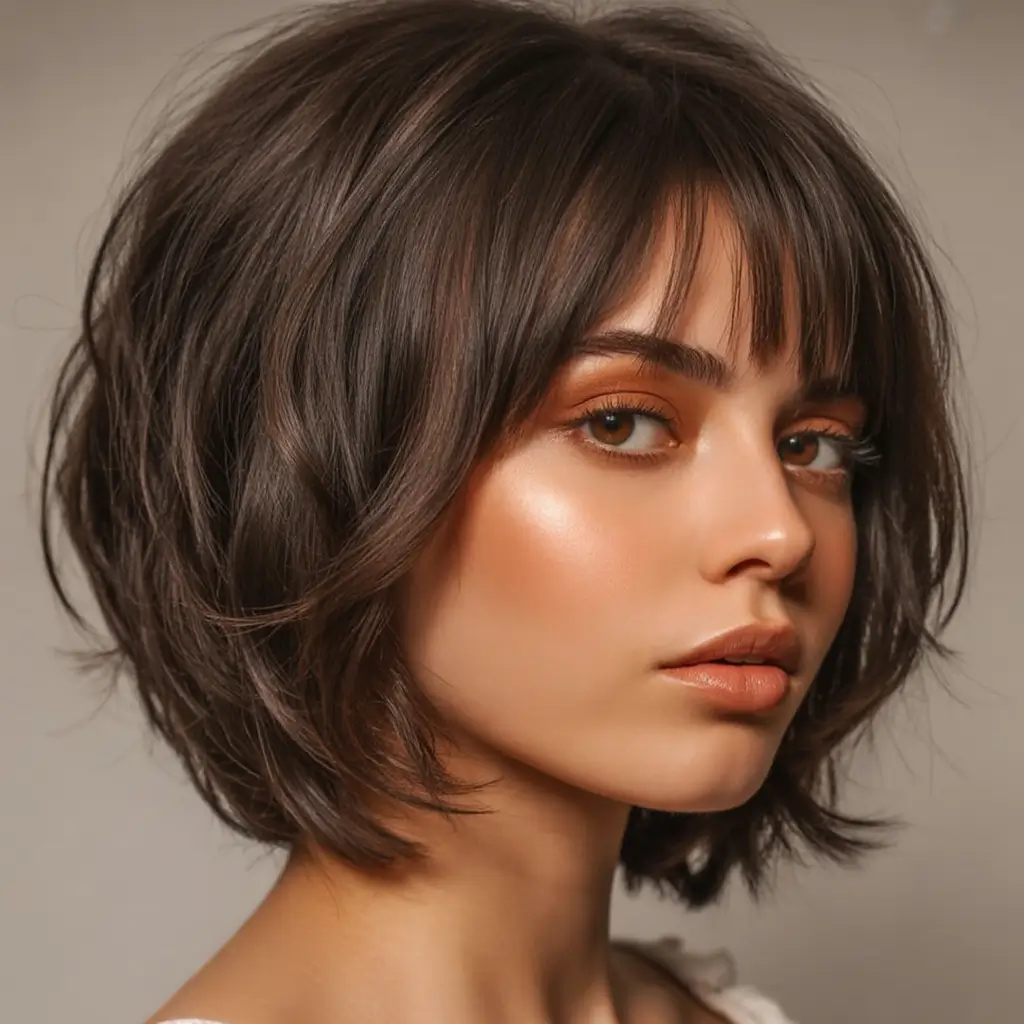 Fall bob haircut ideas 2025 Textured Brunette Short Bob with Micro Bangs