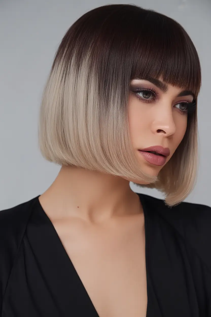 Fall bob haircut ideas 2025 Ombre Sleek Bob With Blunt Bangs