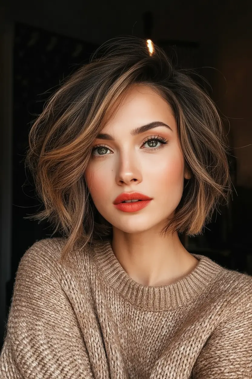 Fall bob haircut ideas 2025 Textured Cinnamon Bronde Bob
