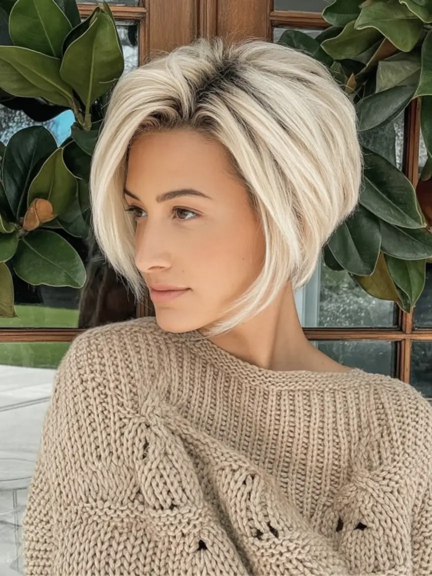 Fall bob haircut ideas 2025 Stacked Blonde Bob With Root Smudge