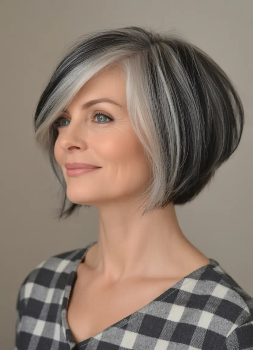 Fall bob haircut ideas 2025 Silver-Blended Bob with Side Volume