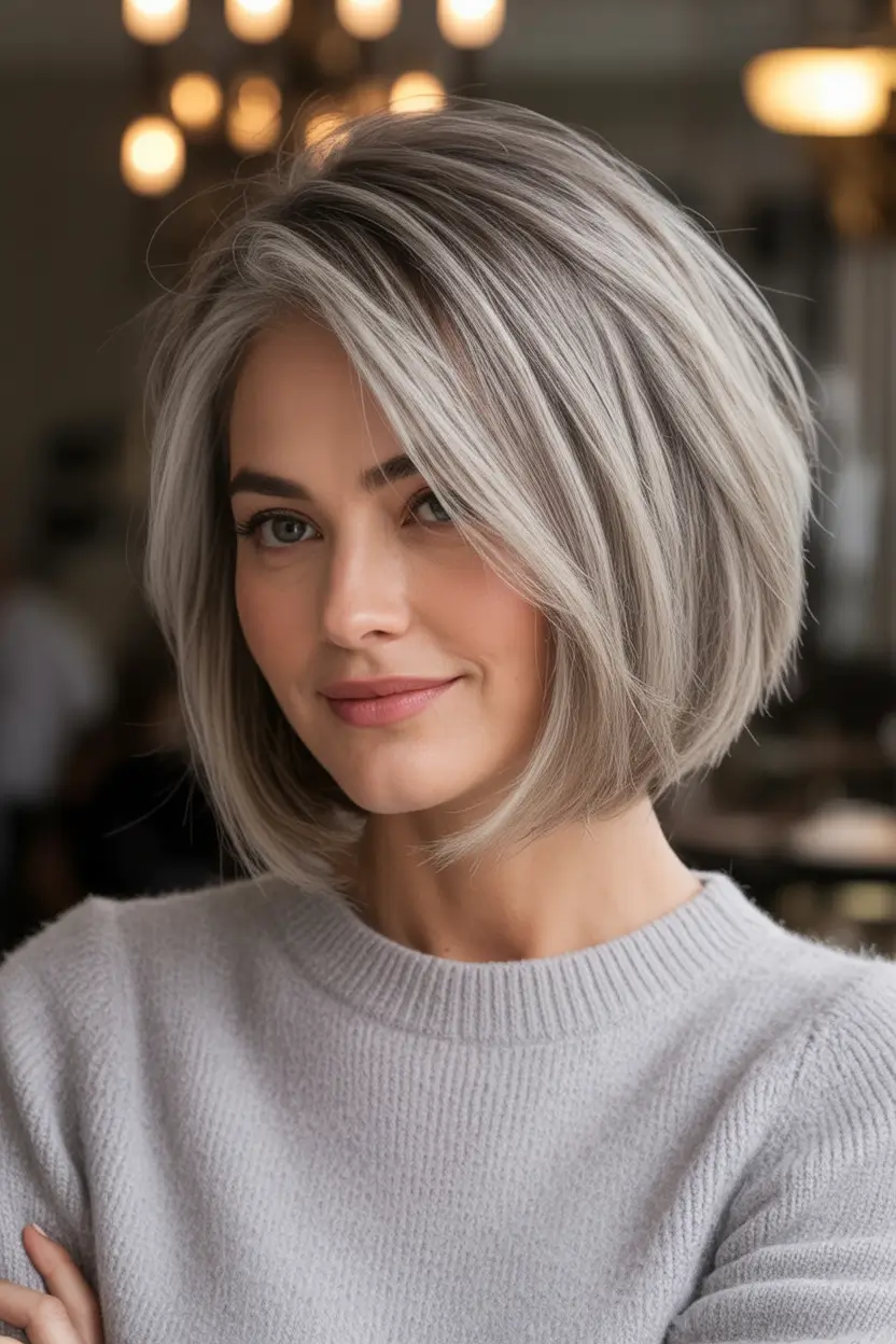 Fall bob haircut ideas 2025 Soft Rounded Bob with Silver Ash Blend