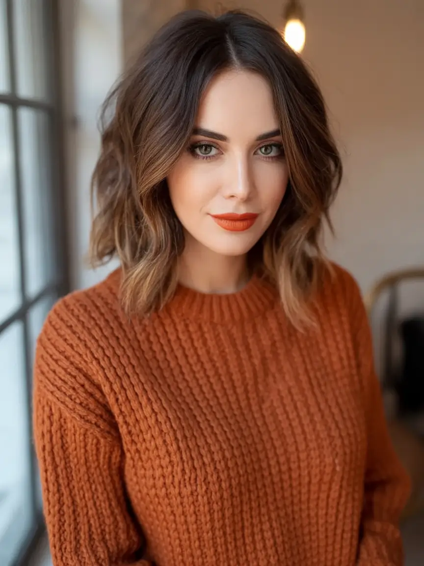 Fall bob haircut ideas 2025 Warm Balayage Lob with Soft Waves