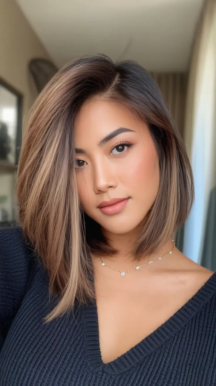 Fall bob haircut ideas 2025 Angled Bob with Warm Blonde Ribbons