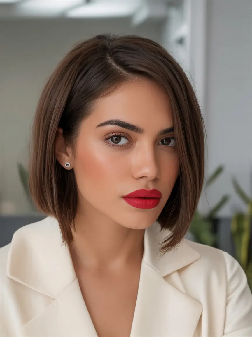 Fall bob haircut ideas 2025 Chic Office-Ready Blunt Brunette Bob