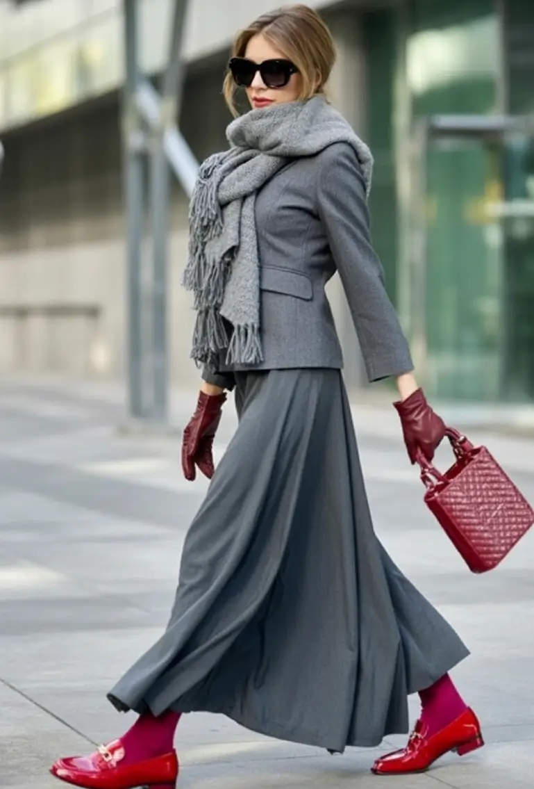 fall fashion trends for women 2025 Gray on Gray with a Red Statement