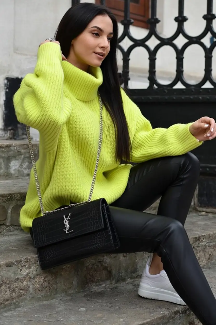 fall outfits latina women - cute ideas 2025 Street-Chic in Chartreuse Knit