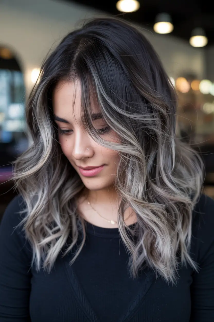 Fall-Inspired Hair Color for Brunettes in 2025 Cool Silver Balayage with Ashy Flow