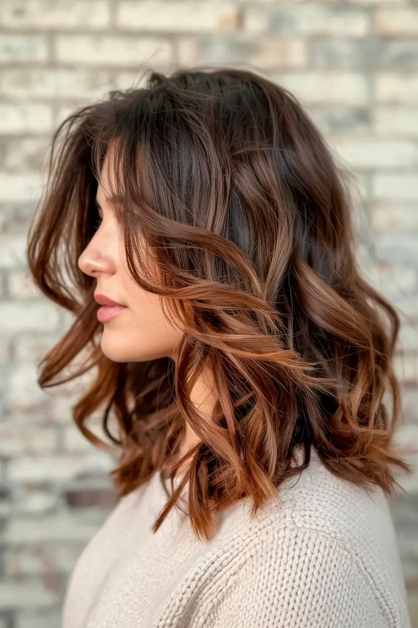 Fall-Inspired Hair Color for Brunettes in 2025 Soft Cinnamon Balayage with Curled Ends