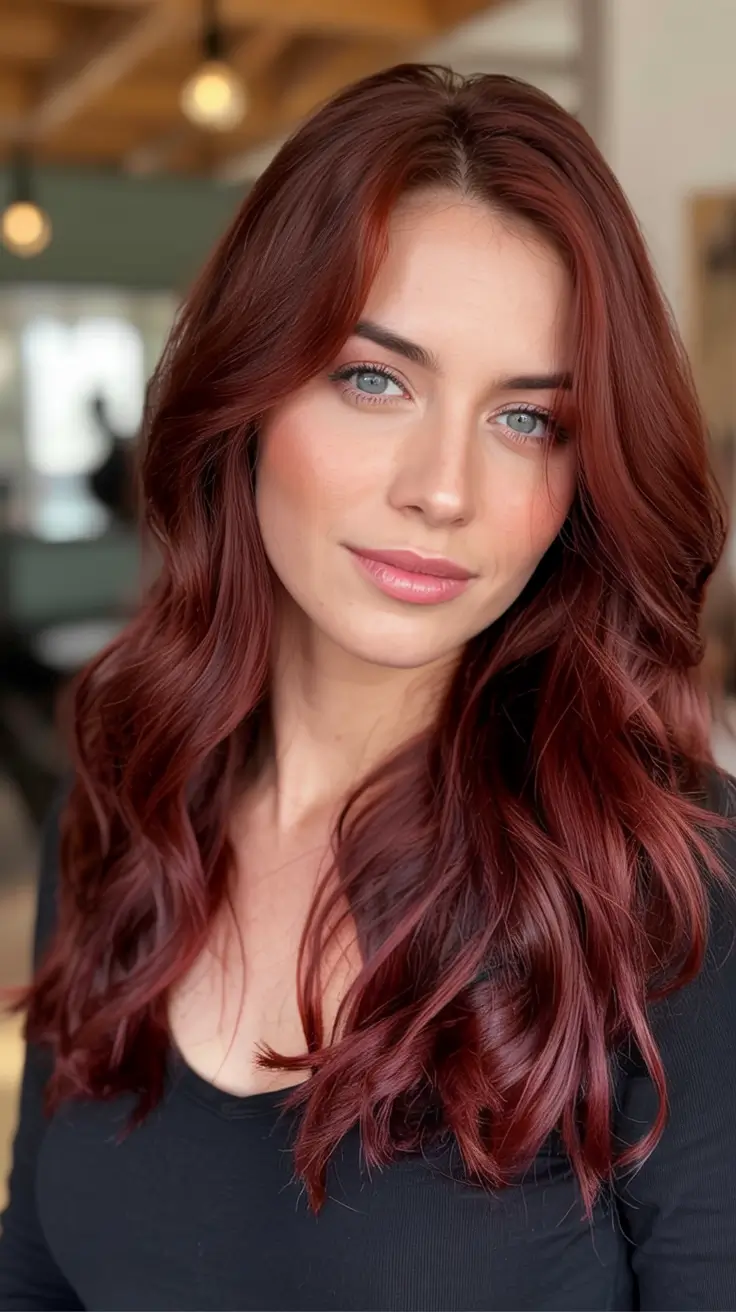 Fall-Inspired Hair Color for Brunettes in 2025 Glossy Burgundy Layers for Fair Skin