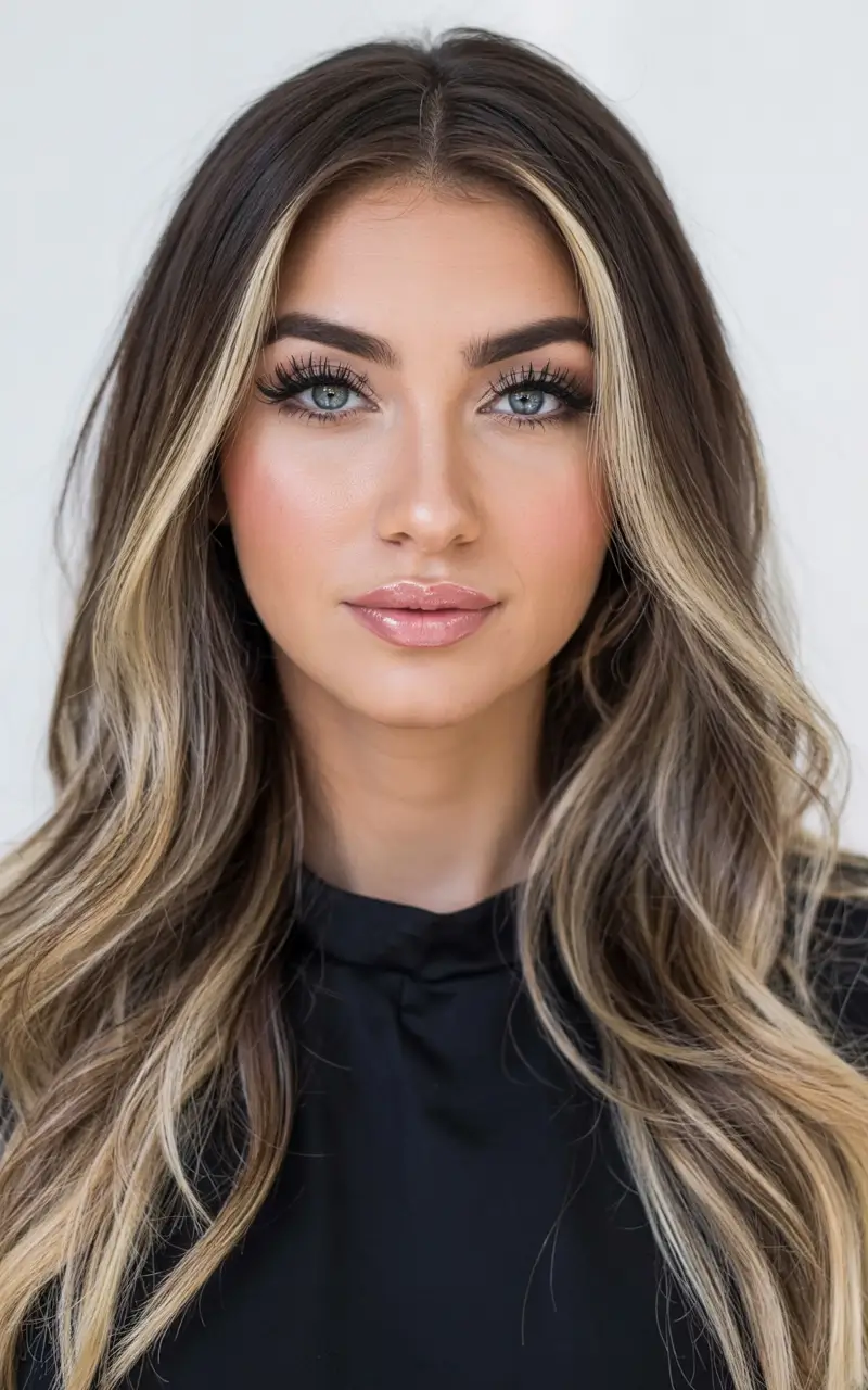 Fall-Inspired Hair Color for Brunettes in 2025 Subtle Blonde Ribbons with Sleek Texture