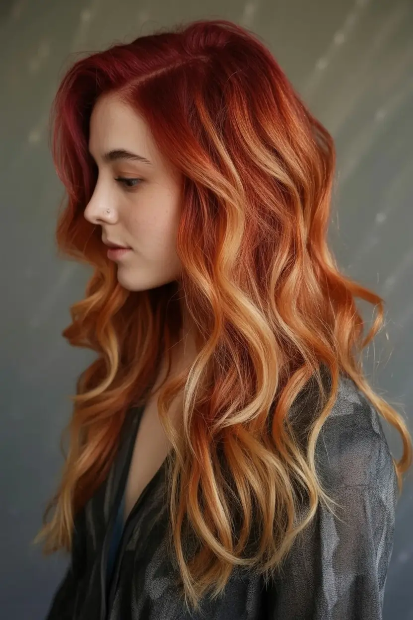 Must-Try Fall Red Hair Colors for Redheads 2025 Candy Apple Melt with Blonde Ends