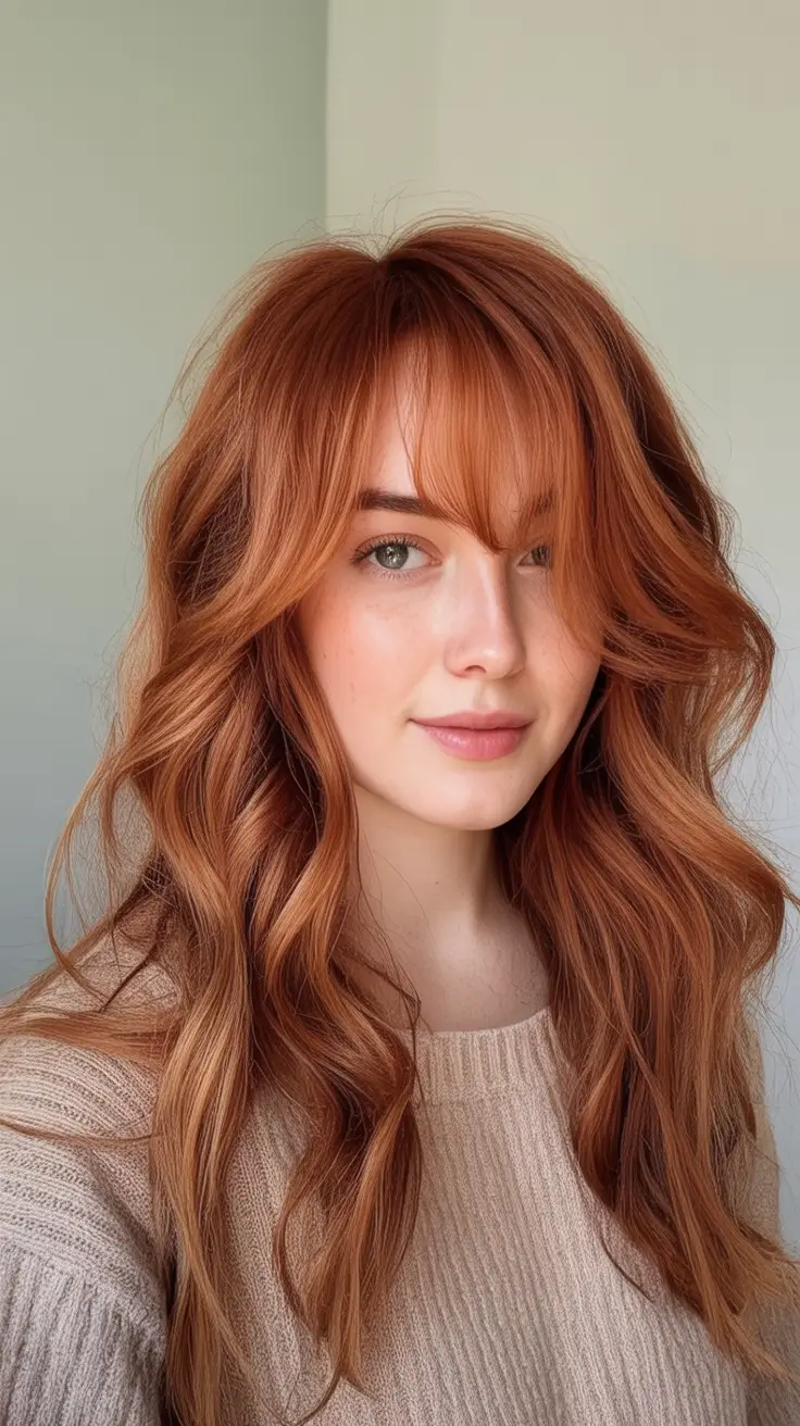 Must-Try Fall Red Hair Colors for Redheads 2025 Amber Fringe with Loose Ginger Waves