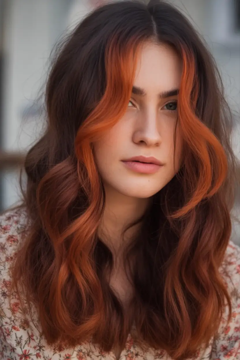Must-Try Fall Red Hair Colors for Redheads 2025 Chocolate Brunette with Fiery Money Piece