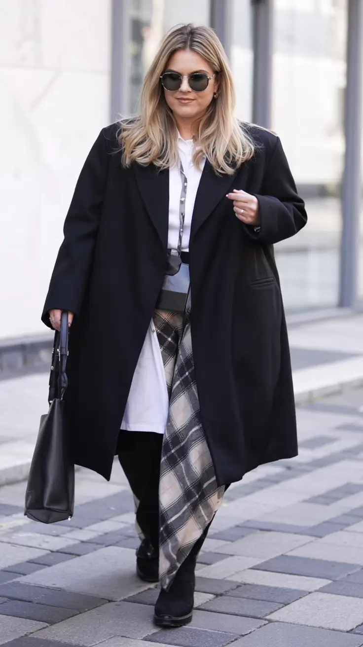 new ideas 2025 fall style for women Plaid Meets Power Coat in Monochrome Motion