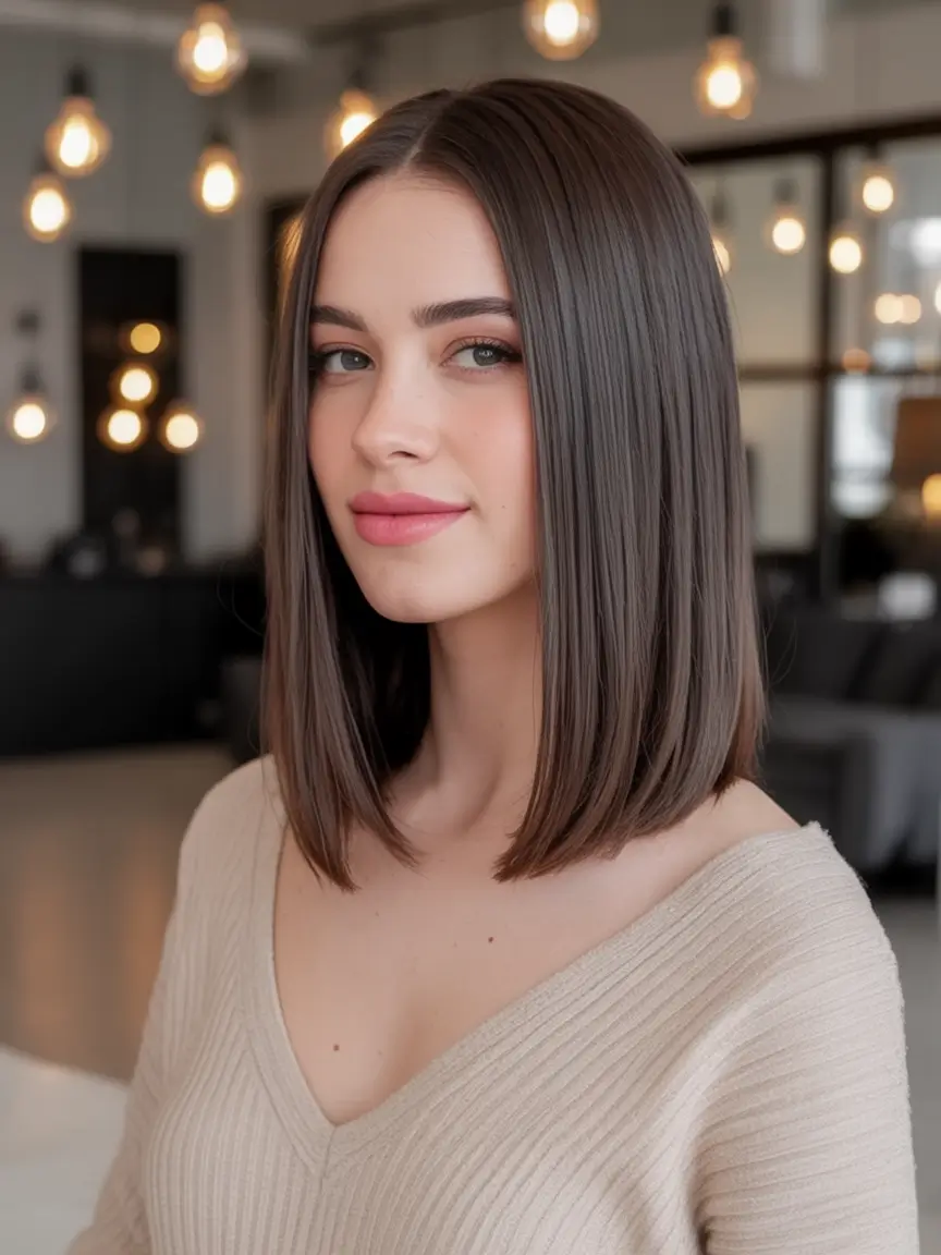 Oval Face Haircuts to Try in Fall 2025 Glossy Blunt Lob With Center Part