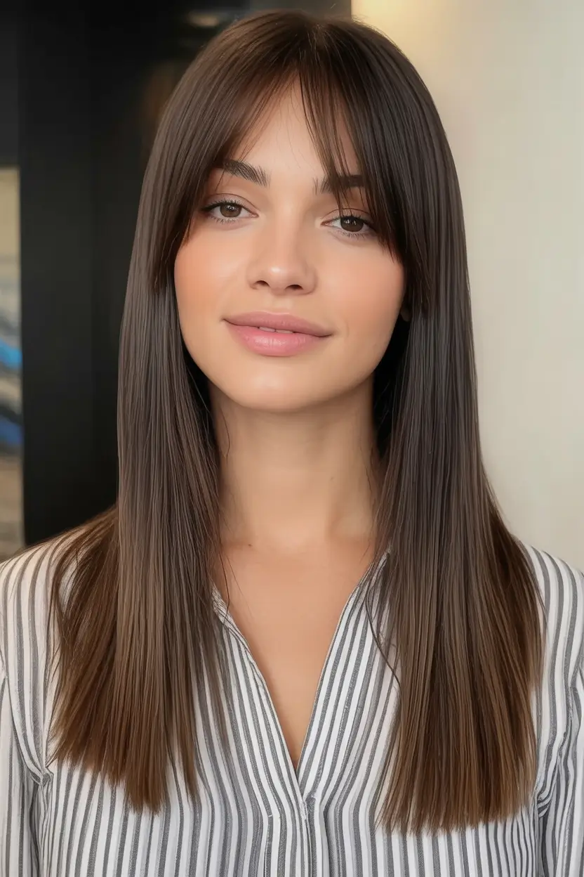 Oval Face Haircuts to Try in Fall 2025 Glossy Long Cut With Blunt Curtain Bangs