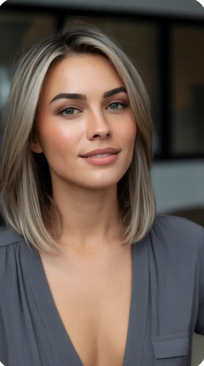 Oval Face Haircuts to Try in Fall 2025 Smoky Ash Blonde Collarbone Cut