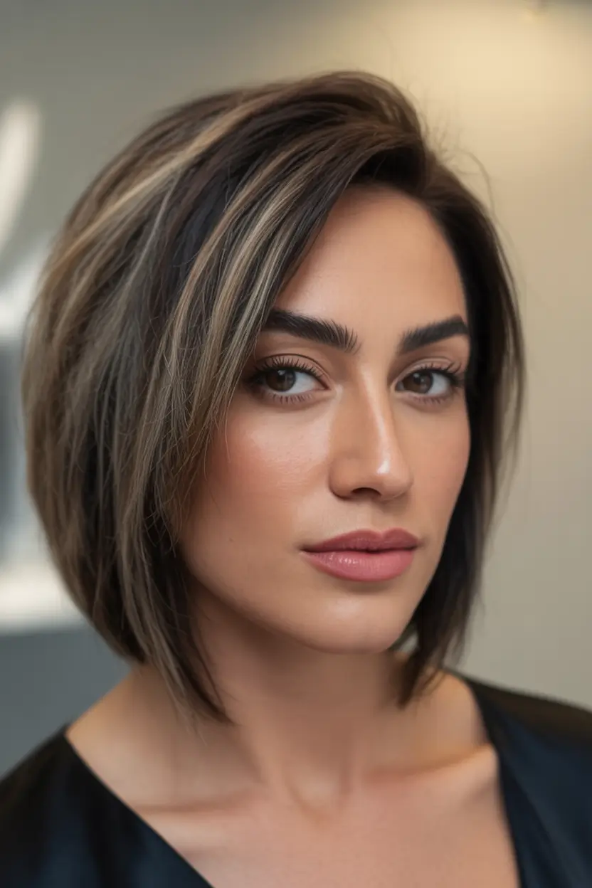 Oval Face Haircuts to Try in Fall 2025 Sleek Side-Parted Bob With Blonde Ribbons