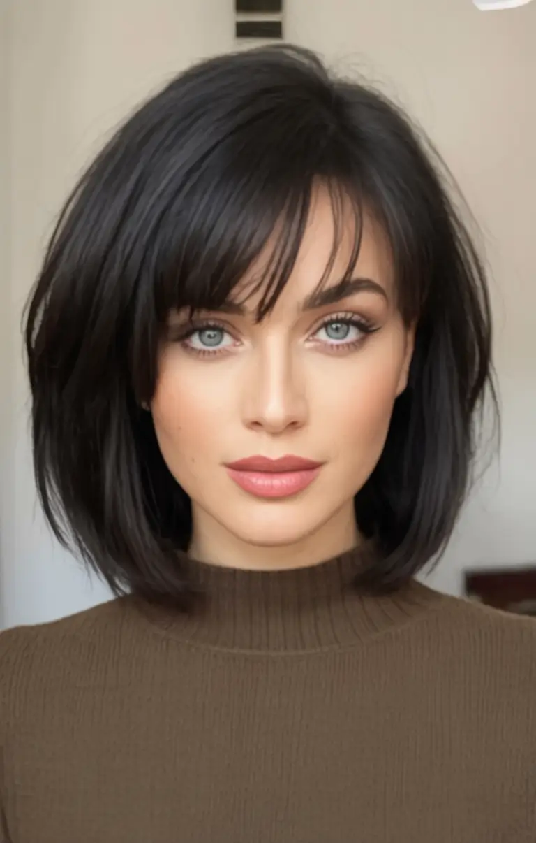Oval Face Haircuts to Try in Fall 2025 Volumized French Bob With Baby Bangs