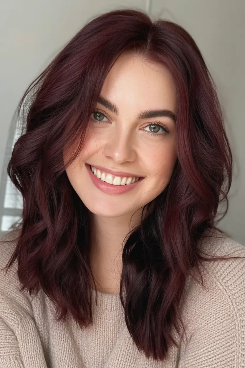 Trendy Fall 2025 Haircuts for Chubby Face Shapes Rich Merlot Soft Layers