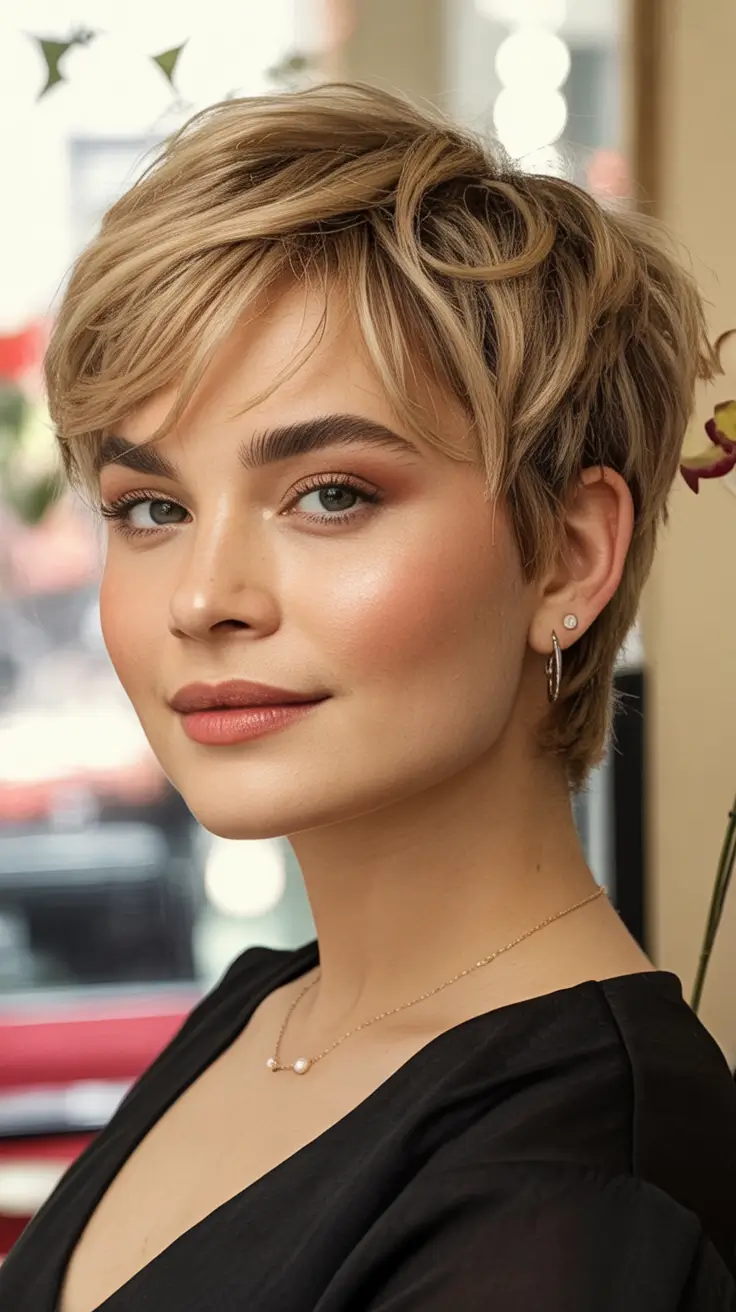 Trendy Fall 2025 Haircuts for Chubby Face Shapes Wispy Honey Pixie