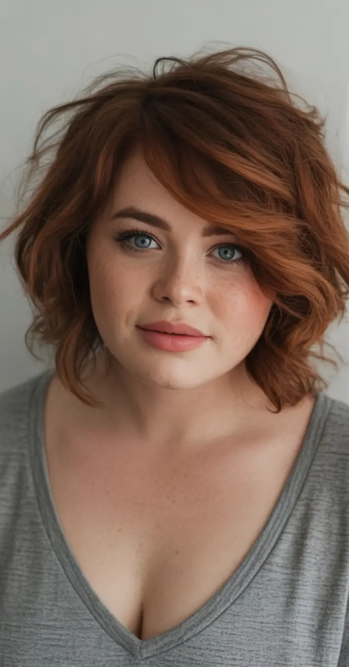 Trendy Fall 2025 Haircuts for Chubby Face Shapes Layered Copper Bob with Side Bangs