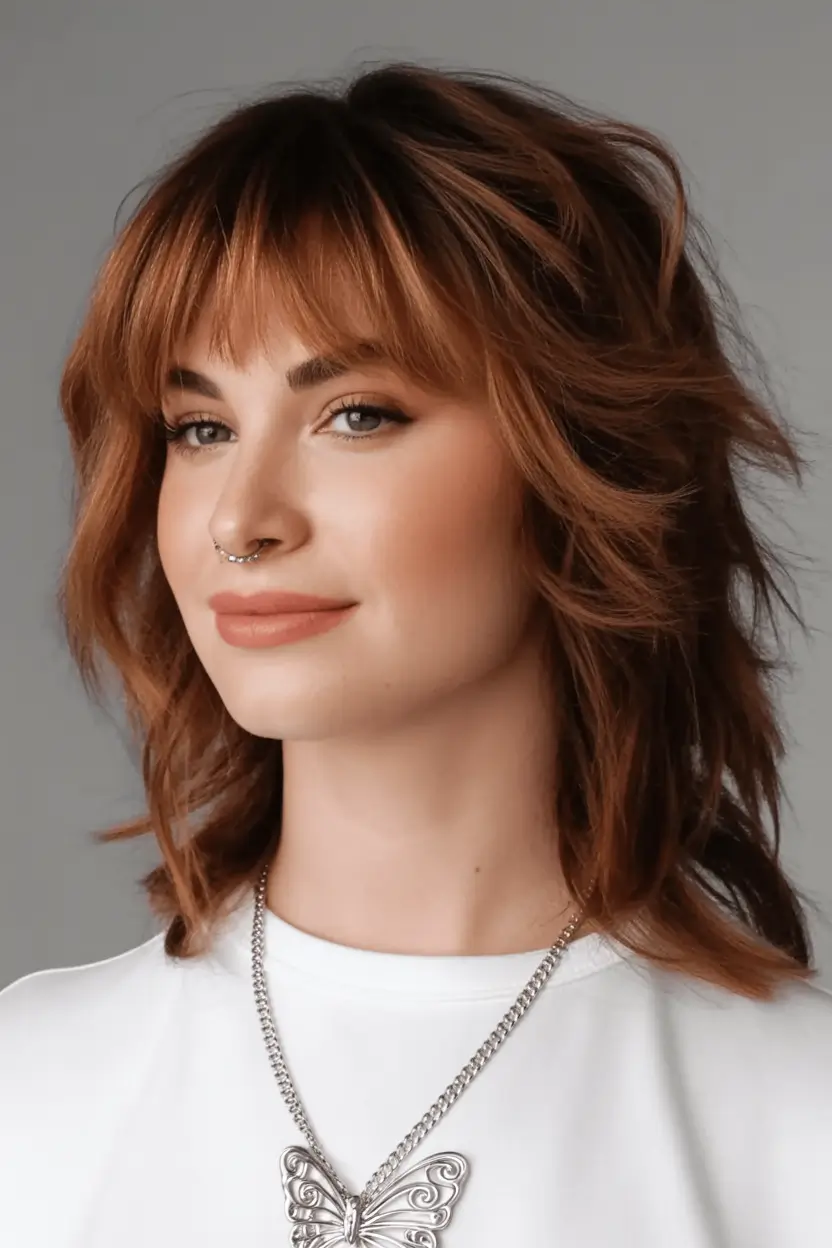 Trendy Fall 2025 Haircuts for Chubby Face Shapes Shaggy Mullet Revival with Fringe