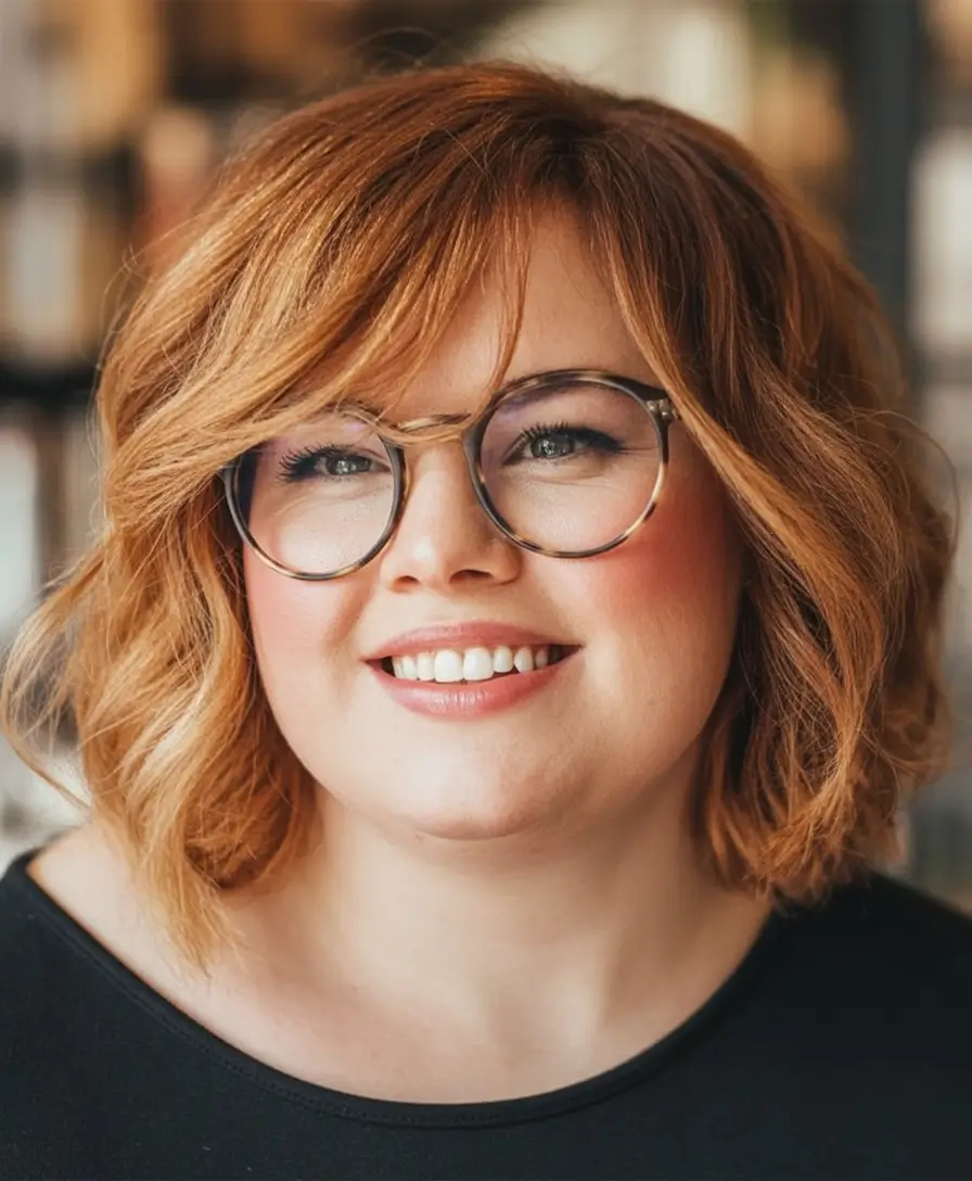 Trendy Fall 2025 Haircuts for Chubby Face Shapes Airy Copper Waves with Side-Swept Bangs
