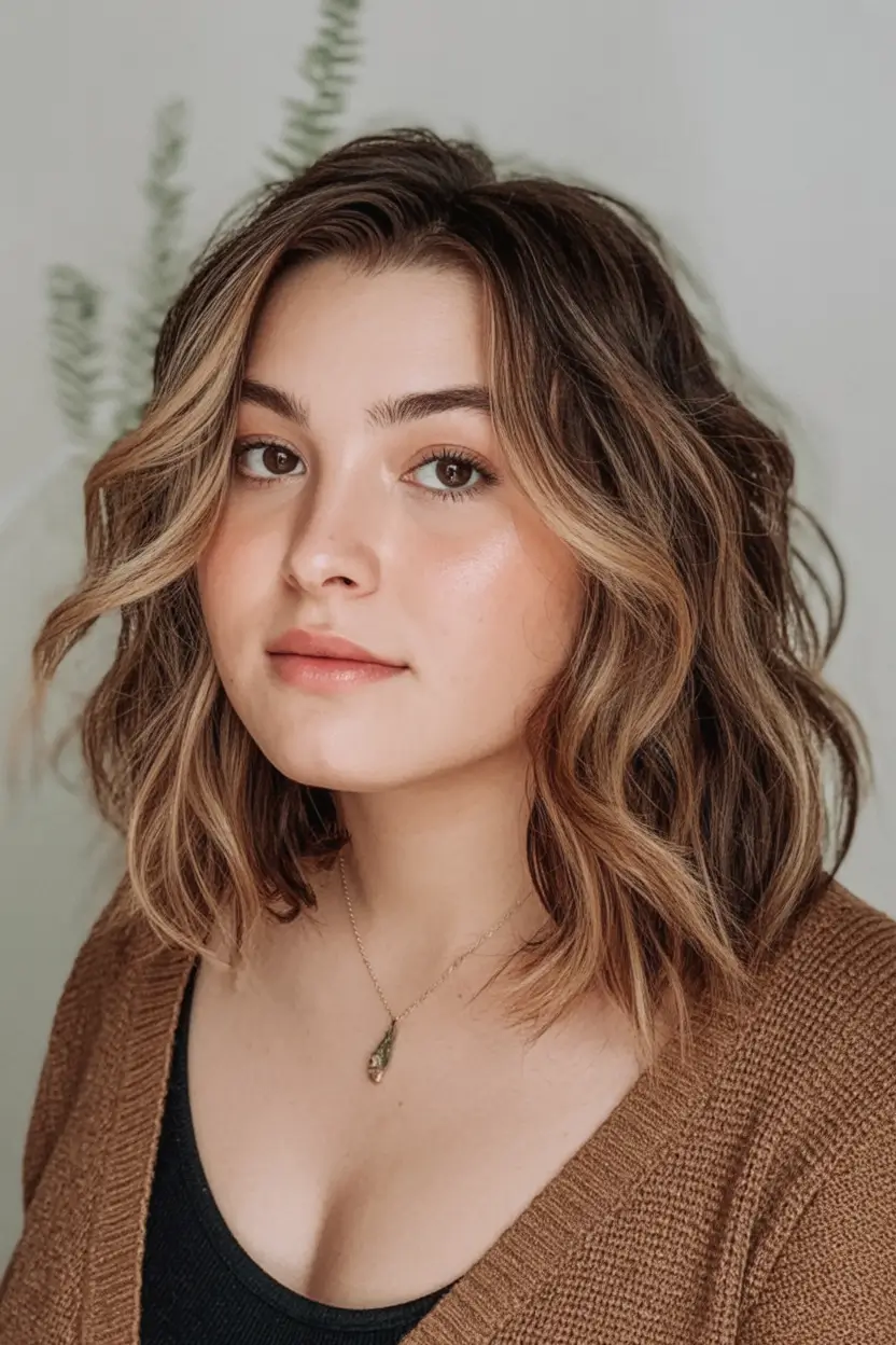 Trendy Fall 2025 Haircuts for Chubby Face Shapes Face-Framing Lob with Buttery Balayage