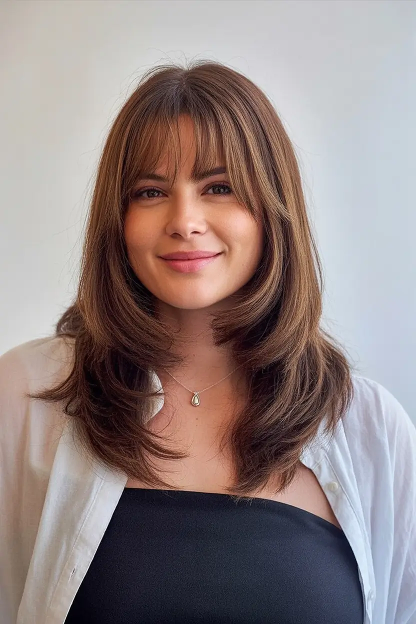 Trendy Fall 2025 Haircuts for Chubby Face Shapes Feathered Layers with Curtain Bangs