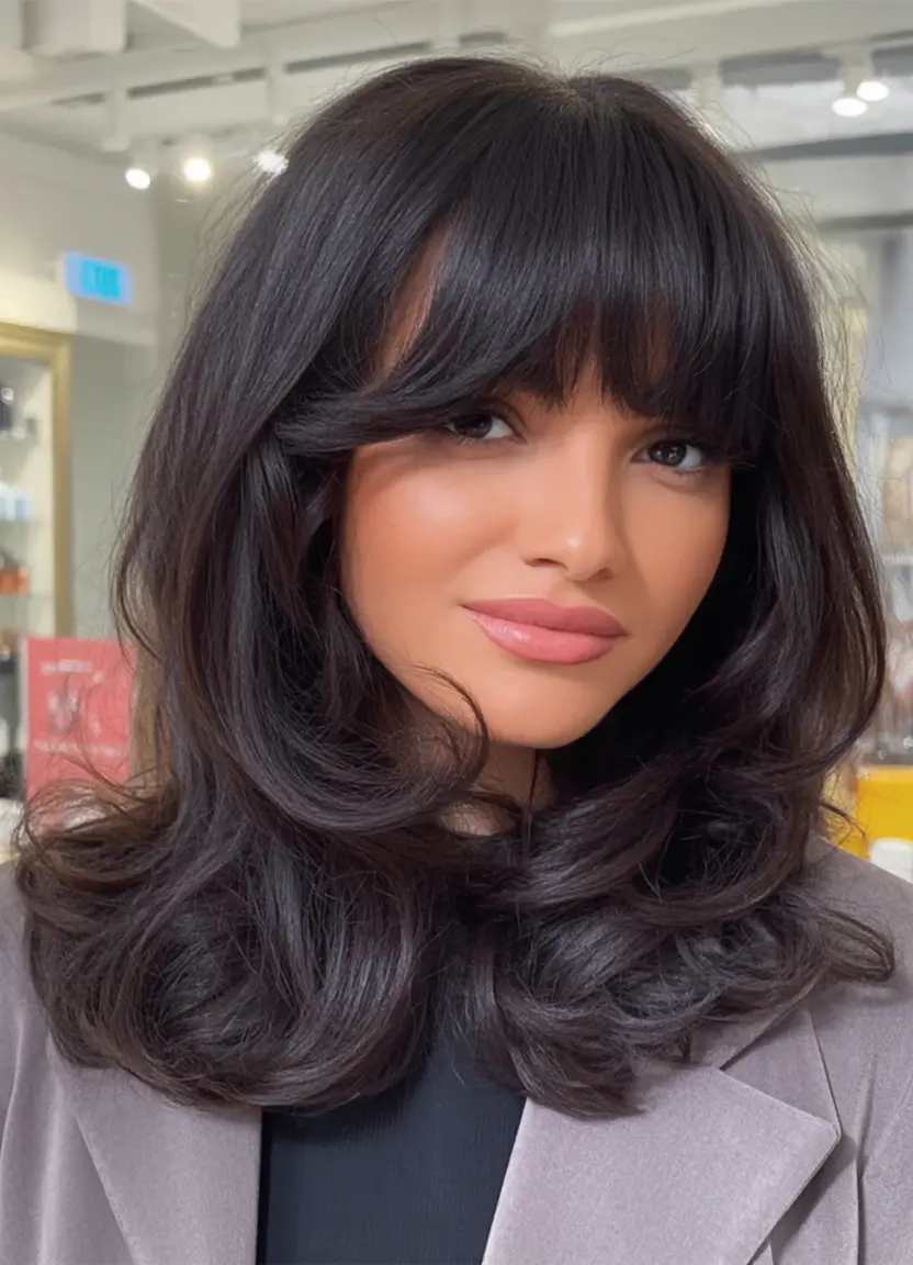 Trendy Fall 2025 Haircuts for Chubby Face Shapes Glamorous Layered Blowout with Full Fringe