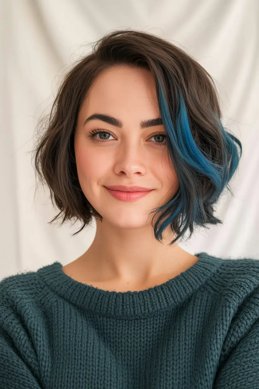 Trendy Fall 2025 Haircuts for Chubby Face Shapes Angled Bob with Blue Peekaboo Highlights