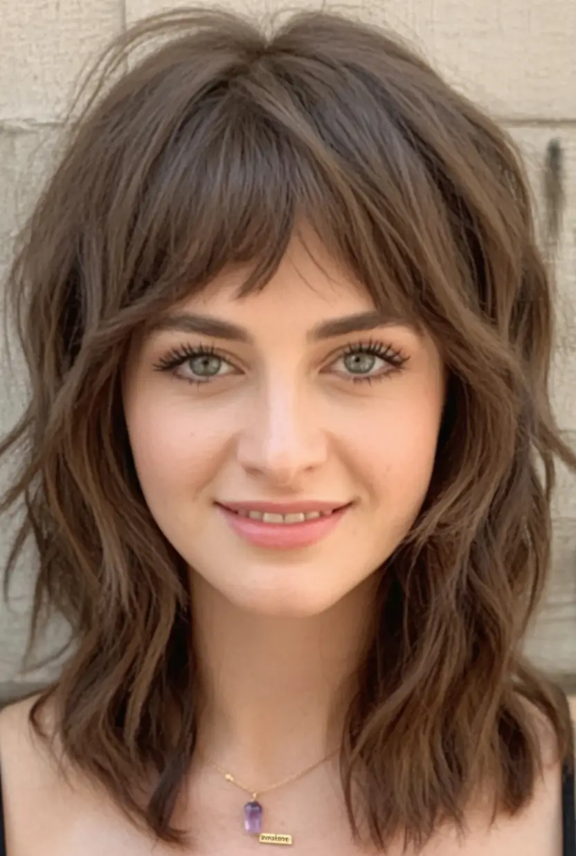 Trendy Fall 2025 Haircuts for Chubby Face Shapes Soft Shag with Wispy Bangs