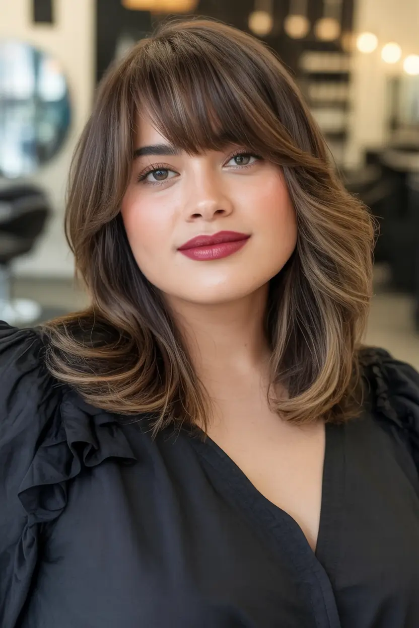 Trendy Fall 2025 Haircuts for Chubby Face Shapes Ruffled Lob with Voluminous Fringe