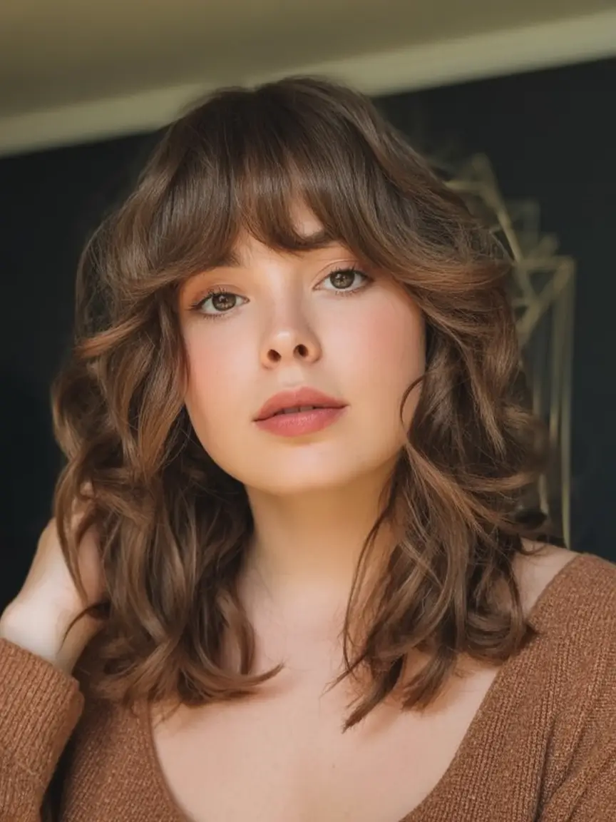 Trendy Fall 2025 Haircuts for Chubby Face Shapes Layered Mid-Length Curls with Full Bangs