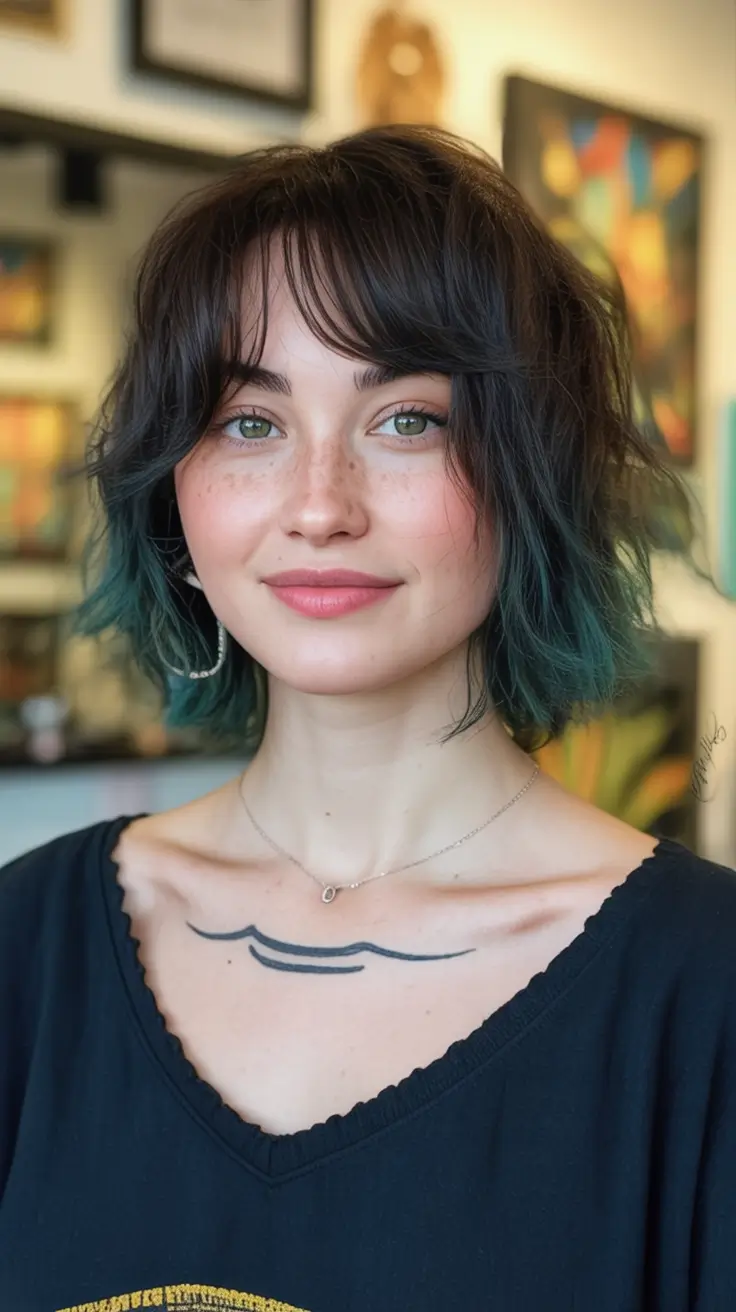 Trendy Fall 2025 Haircuts for Chubby Face Shapes Indigo-Tipped French Bob